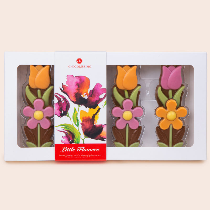 Květiny z mléčné čokolády - sedmikrásky a tulipány