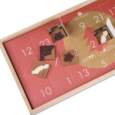 adventní kalendář, luxusní adventní kalendář, nejlepší adventní kalendář, adventní kalendář v dřevěné krabičce, adventní kalendář chocolissimo