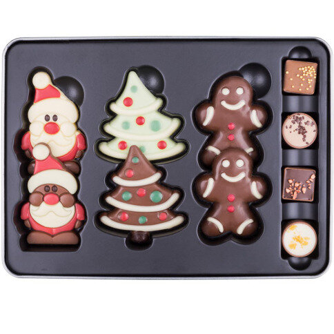 vánoční čokoládové figurky, vánoční sladkosti v plechové krabičce, vánoční figurky, vánoční čokolády v plechové krabičce, čokoládové vánoční dárky v plechové krabičce, vánoční plechová krabička
