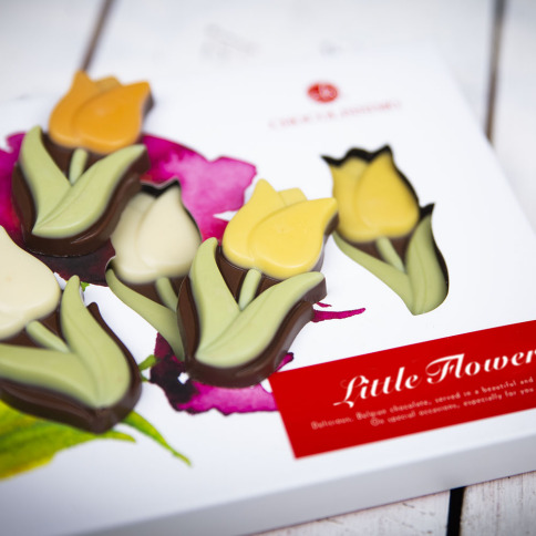 čokoládové figurky, květinky z čokolád, čokoládové tulipány, dárek pro ženu, čokoládový dárek pro ženu